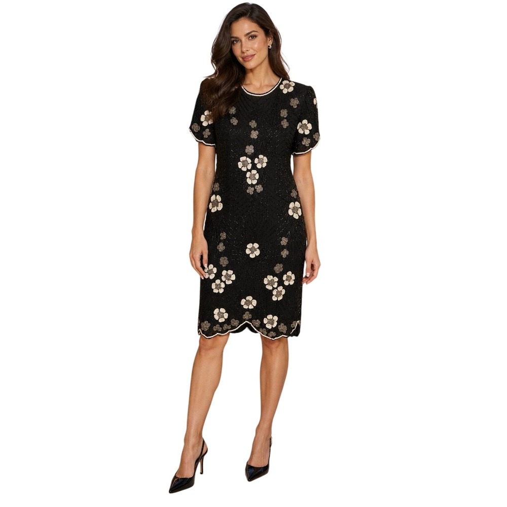 Vtg STENAY Silk Beaded Sequin Black White Floral Formal Cocktail Dress Size 8